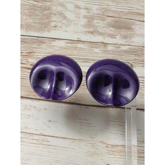 Vintage Clip On Earrings - 1.25" Dark Purple Double Thumb Print Circle - Picture 2 of 6